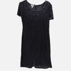 JMD New York Formal Dress XL Black Beaded Sequined 100% Silk Womens New Years